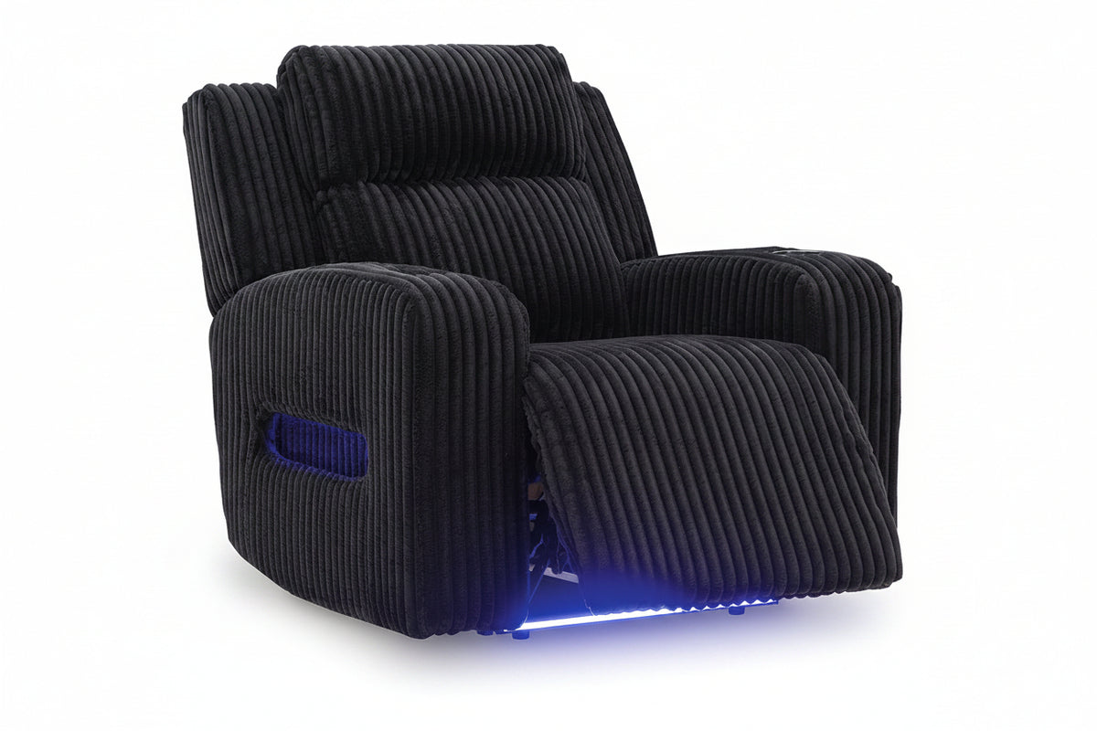 Black recliner chair with blue LED lighting on a white background
