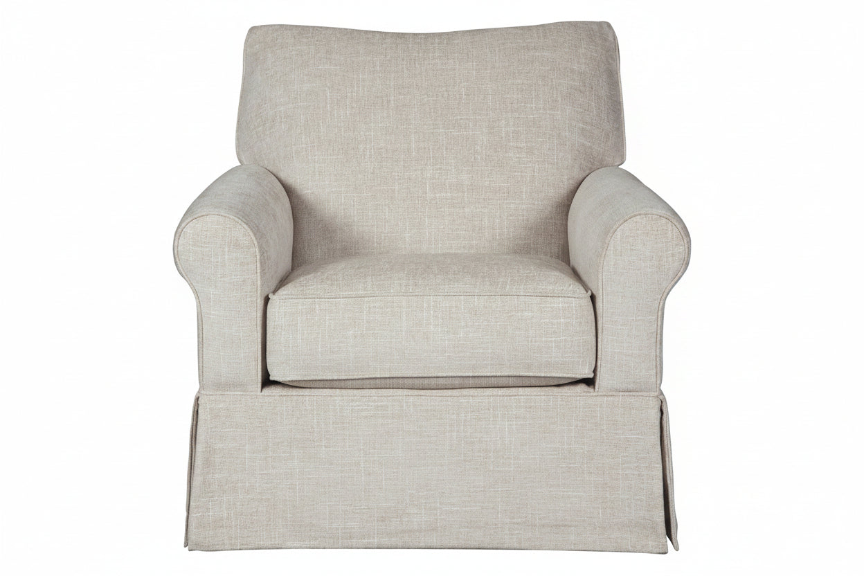 Beige armchair with a textured fabric on a white background