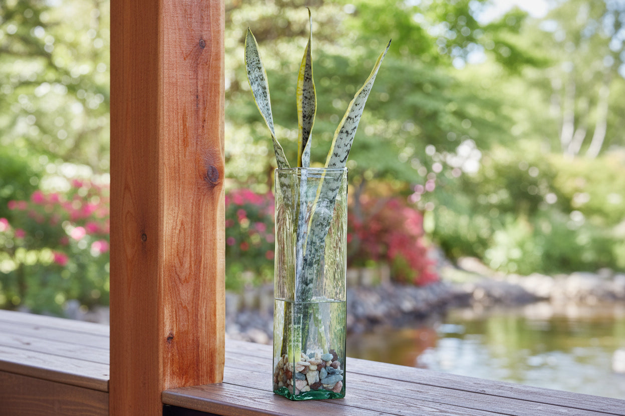 Taylow tall glass vase with snake plant on a wooden surface outdoors