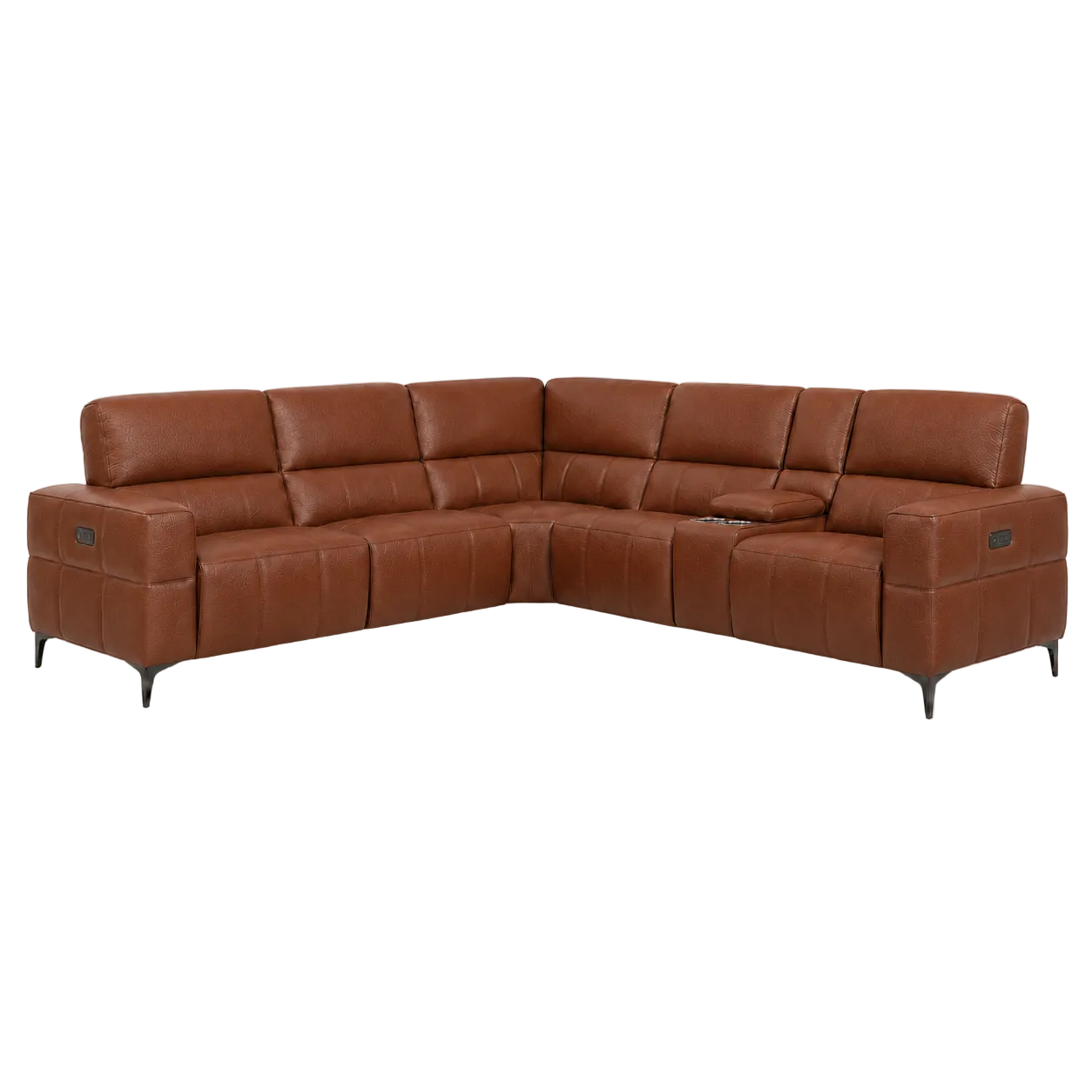 A brown leather sectional sofa with a U-shape design, featuring segmented cushions and slim black metal legs, shown against a plain light gray background.