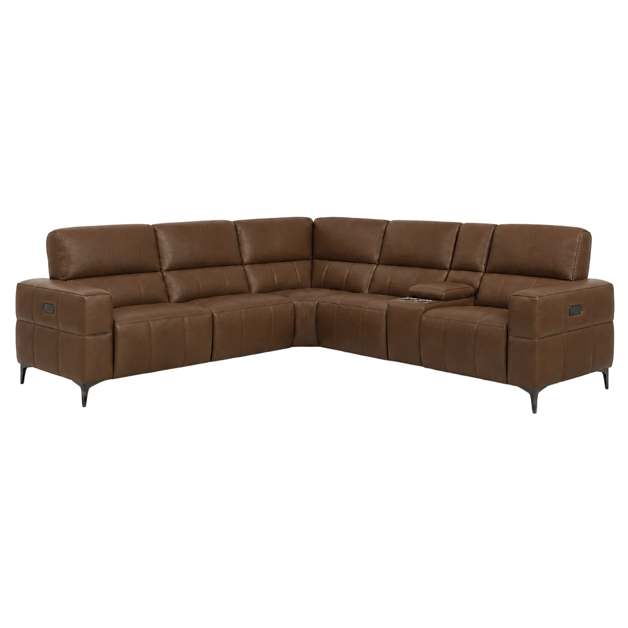A brown leather sectional sofa with a U-shape design, featuring segmented back cushions, padded armrests, and slim black legs, shown against a plain white background.