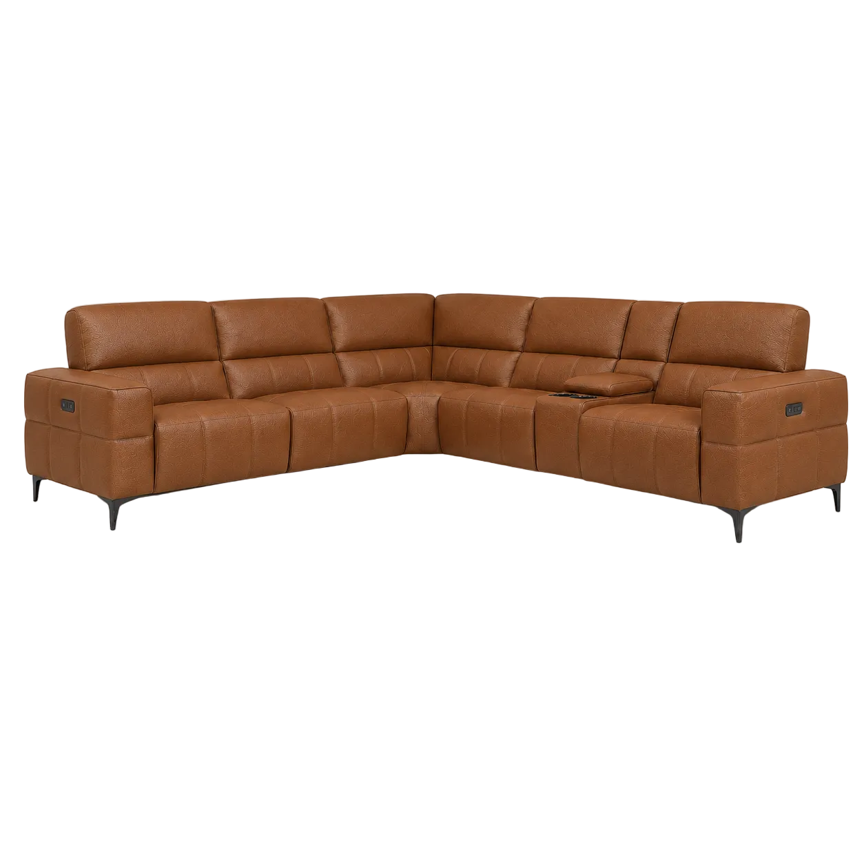 A brown leather sectional sofa with a left-facing recliner and a right-facing chaise lounge, shown on a plain white studio background.