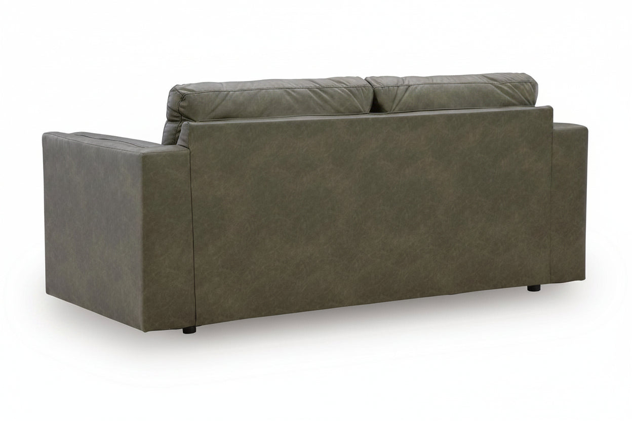 A three-seater sofa upholstered in textured gray fabric, shown from a three-quarter rear angle against a white background.