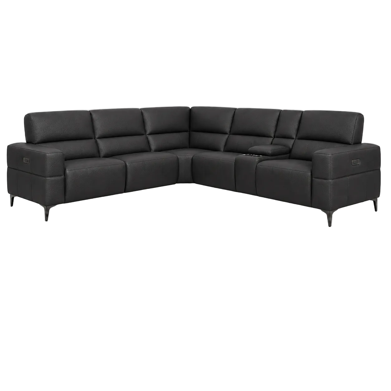 A black leather sectional sofa with a U-shaped design, featuring segmented back cushions, slim black legs, and a small center console, shown against a plain light gray background.