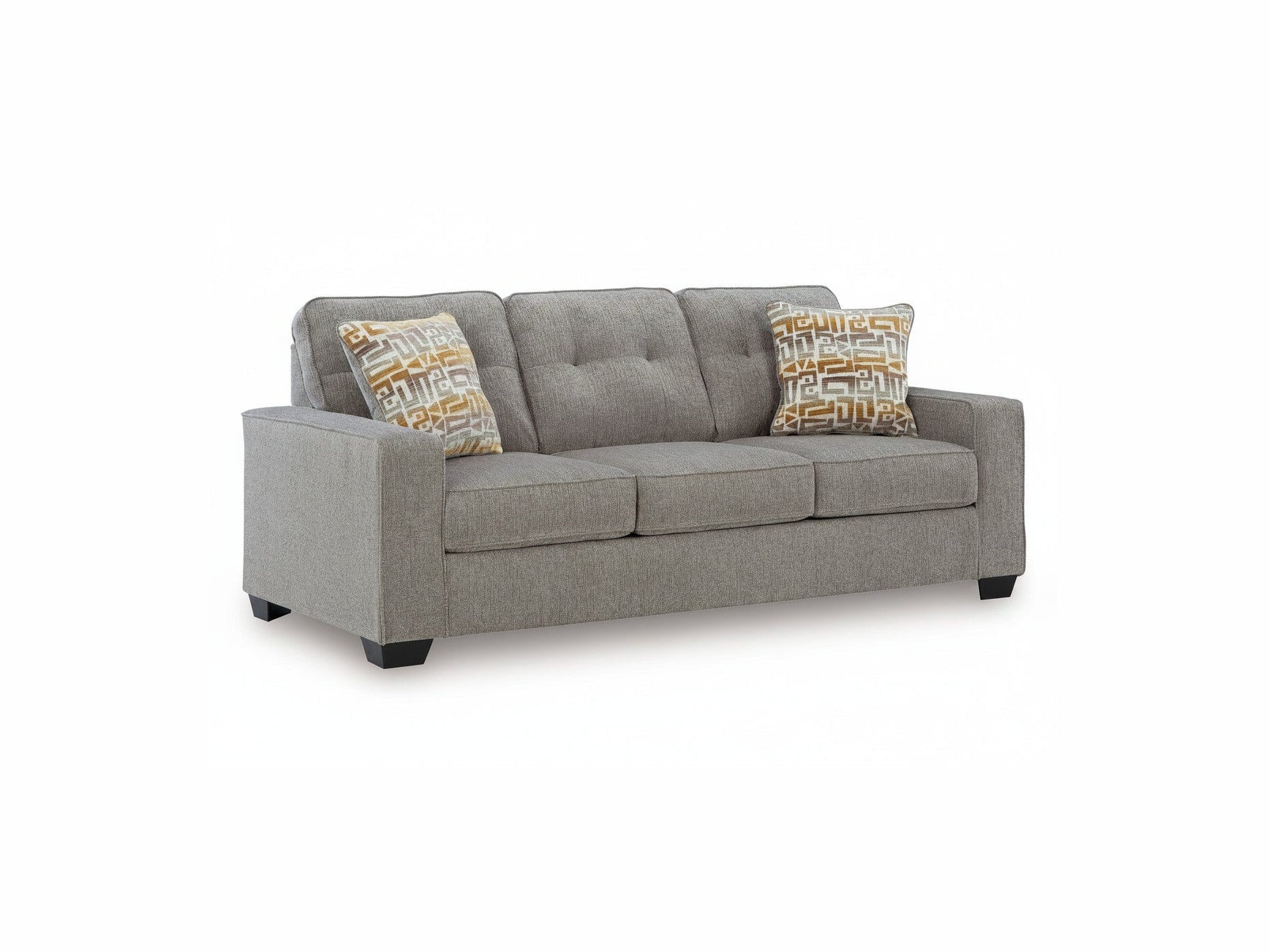 Gray sofa with patterned cushions on a white background