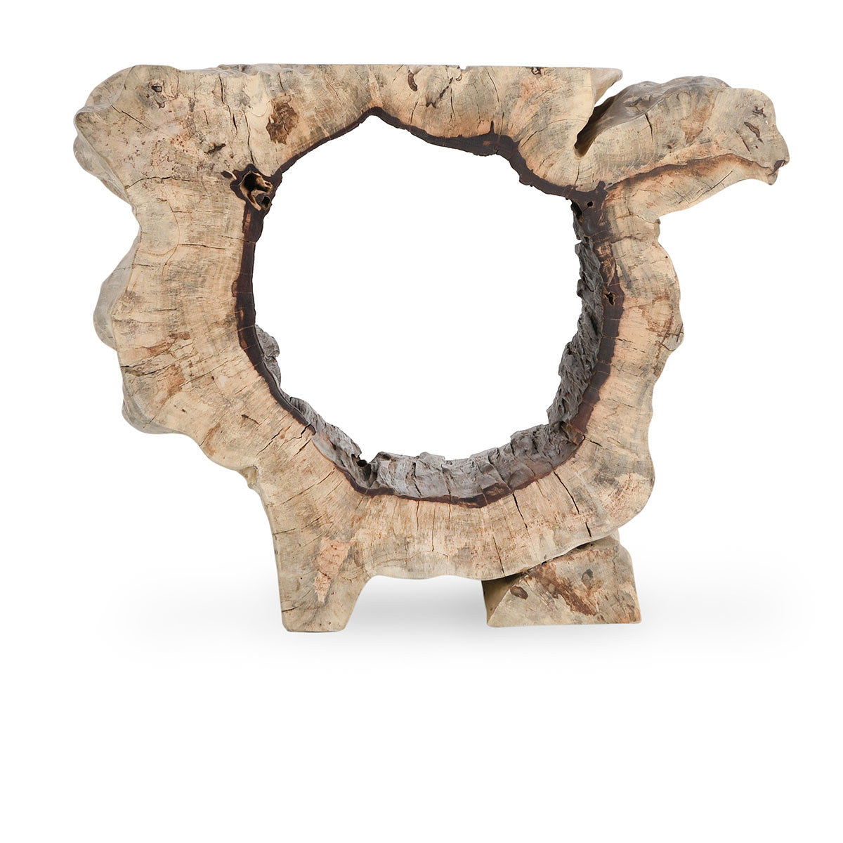 Wooden sculpture with a natural, organic shape on a white background