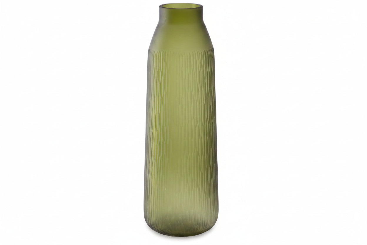 Scottyard glass vase with ribbed texture on a white background.
