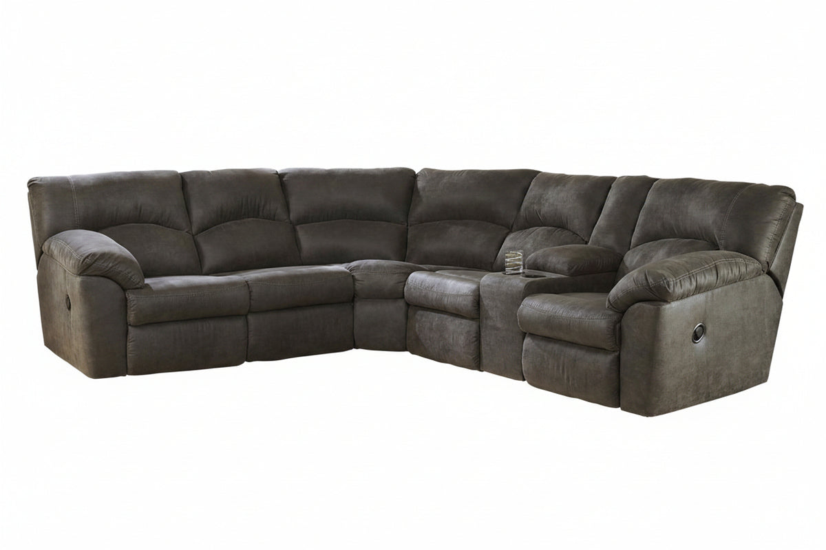 Gray sectional sofa with reclining seats and cup holders on a white background