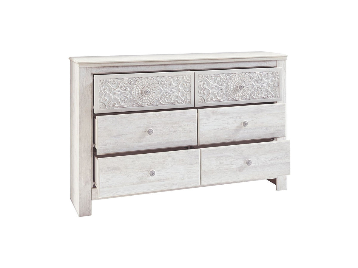 Paxberry - Six Drawer Dresser - Medallion Drawer Pulls - Whitewash