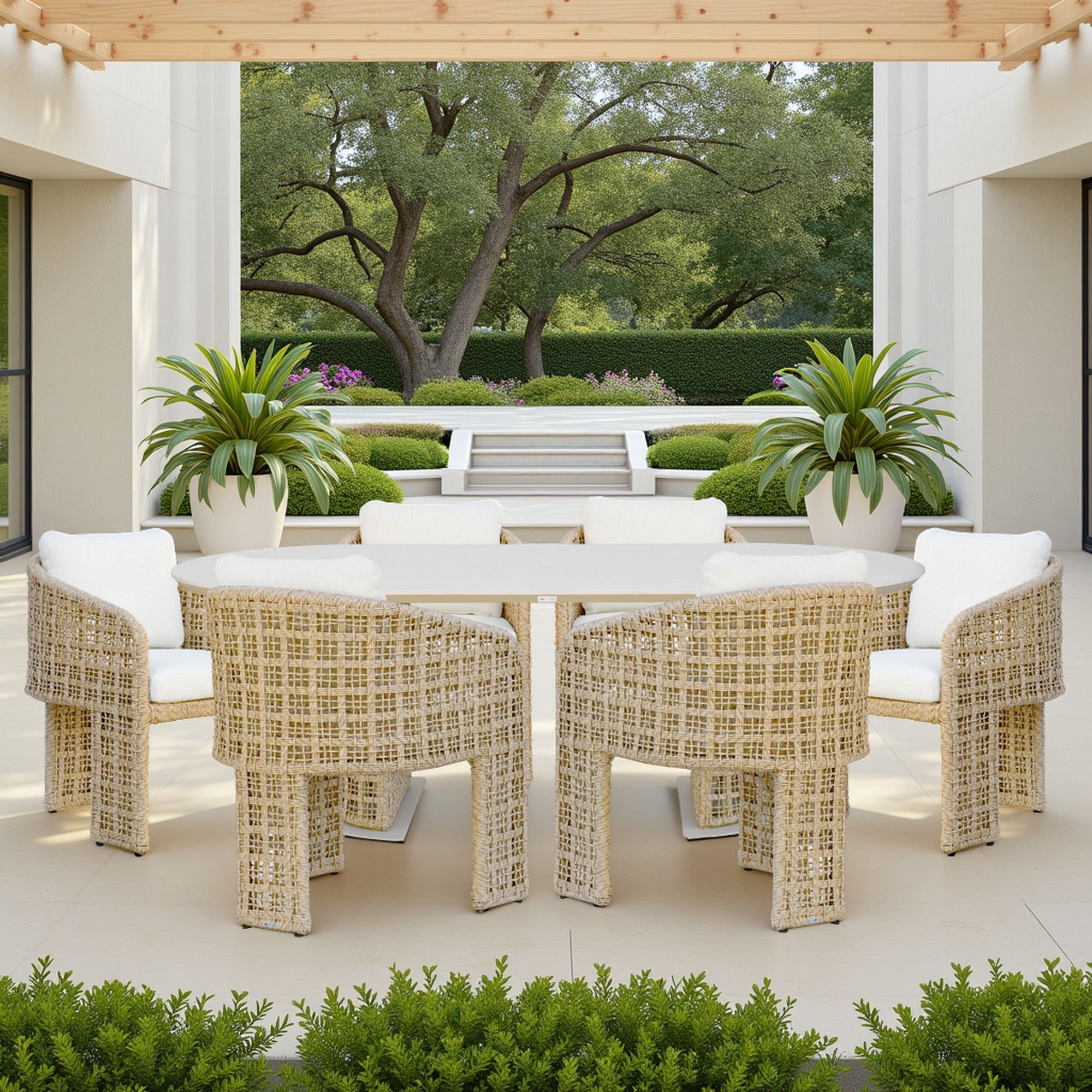 Driftbay - 7-Piece Coastal Rope Outdoor Dining Set - White / Natural