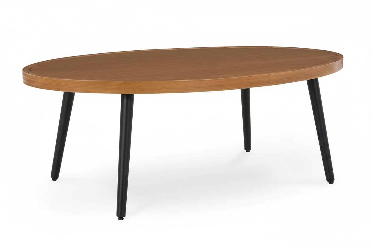 Wooden table with black legs on a white background