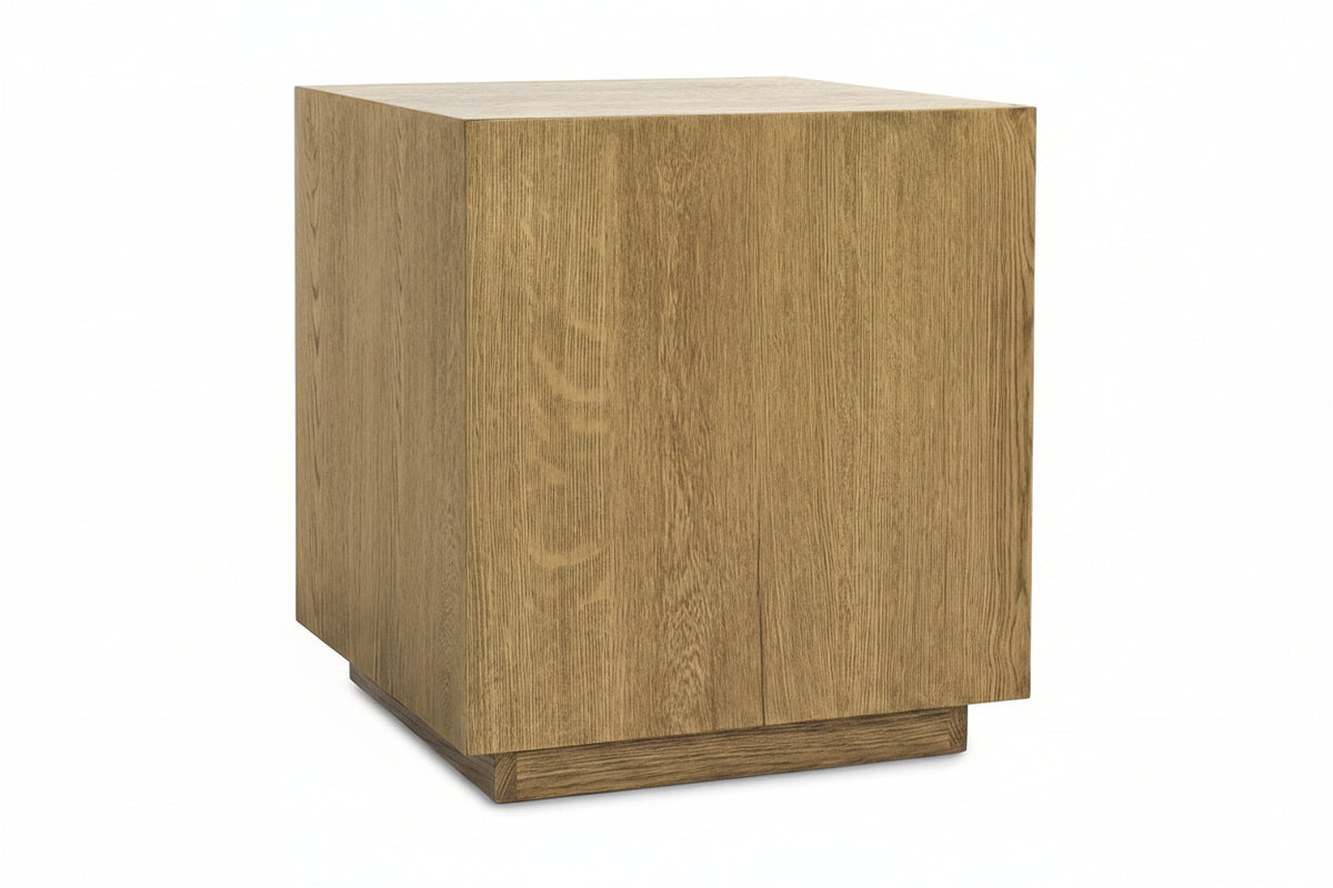 Wooden side table with a light finish on a white background