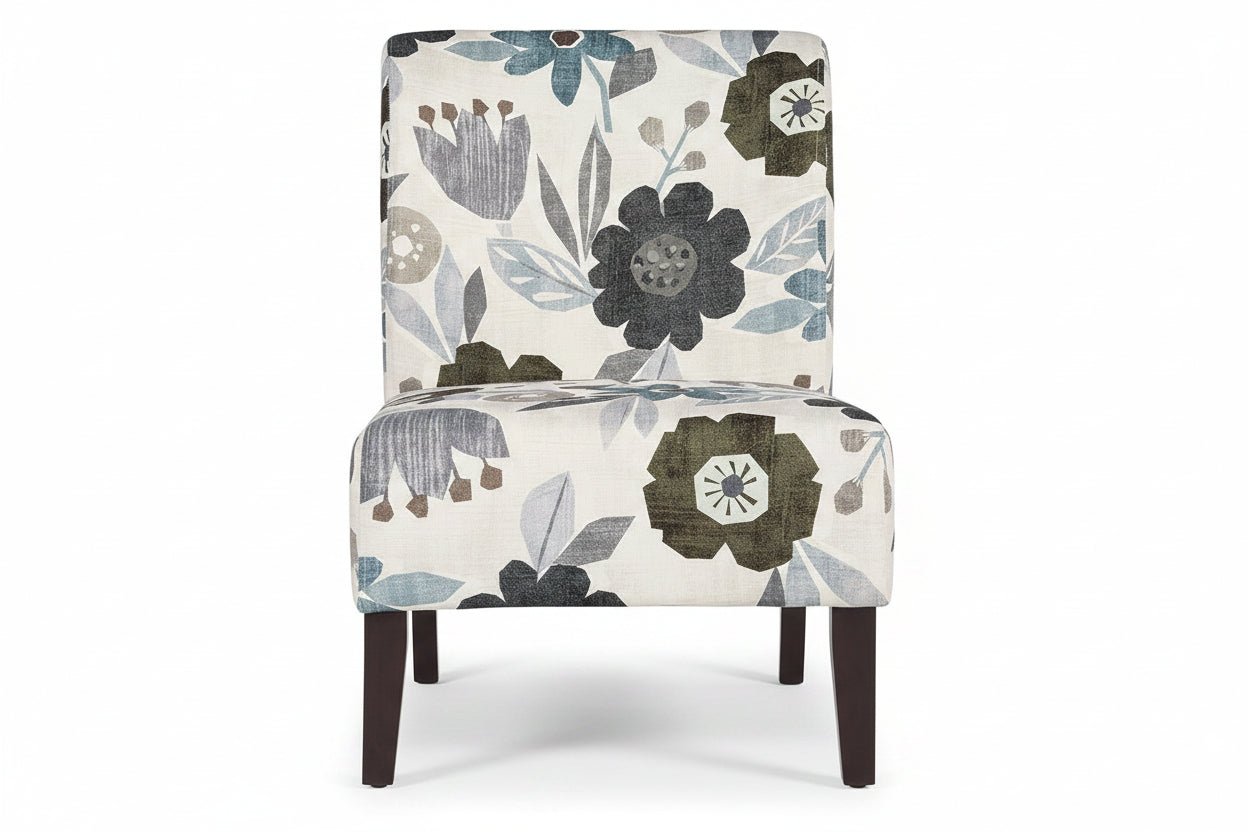 Floral patterned chair with dark floral design on a white background