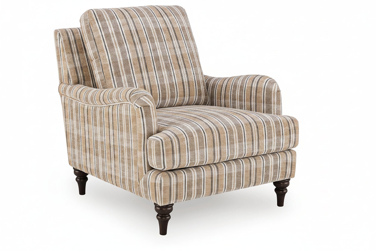 A classic upholstered armchair with a beige, brown, and white striped fabric, featuring dark wooden turned legs, shown against a plain white background.