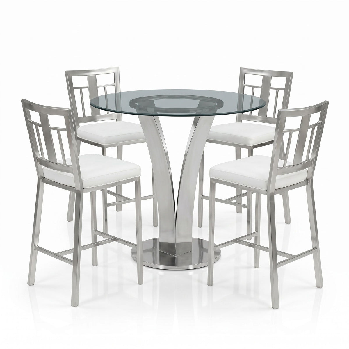 Celina - 5-Piece Round Tempered Glass Tabletop Dining Table Set With Stools Seats Up To 4 - White