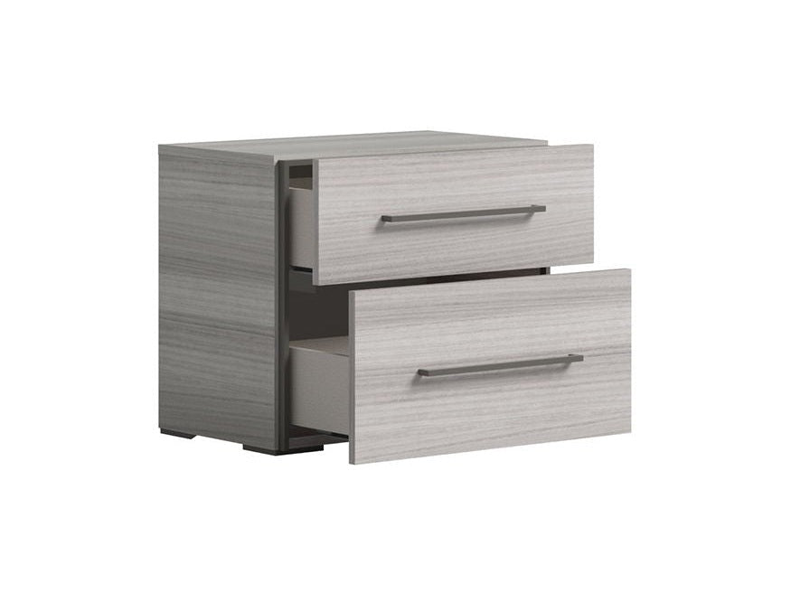 A two-drawer nightstand with a light gray wood-grain finish and dark metal handles, shown with one drawer open on a plain white background.