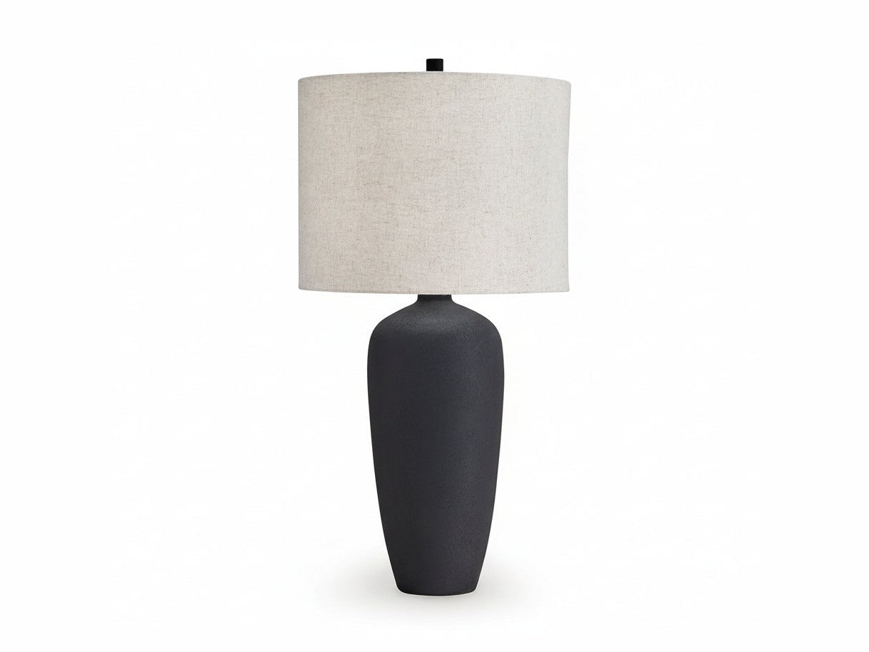 Table lamp with a gray base and light gray shade on a white background