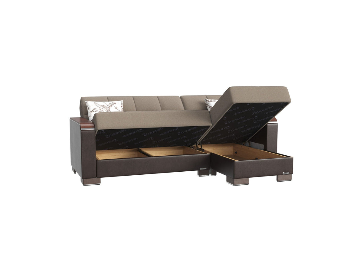 Ottomanson Armada X - Upholstered Convertible Wood Trimmed Chaise Lounge With Storage - Beige/Brown PU Chenille