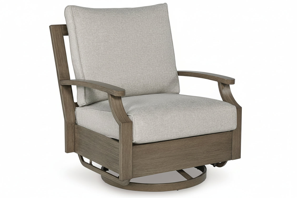 Wooden swivel chair with gray cushions on a white background