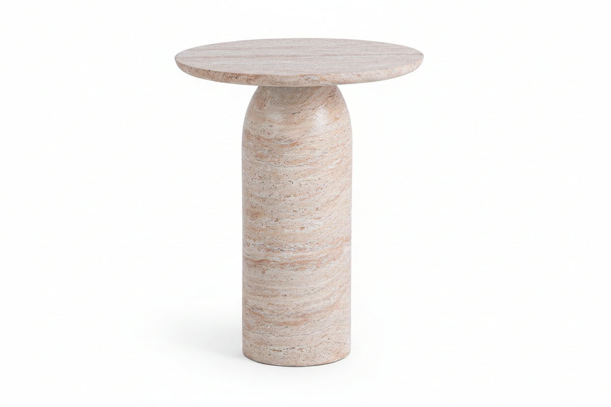 A round side table with a natural travertine stone base and matching stone top, shown on a clean white background.