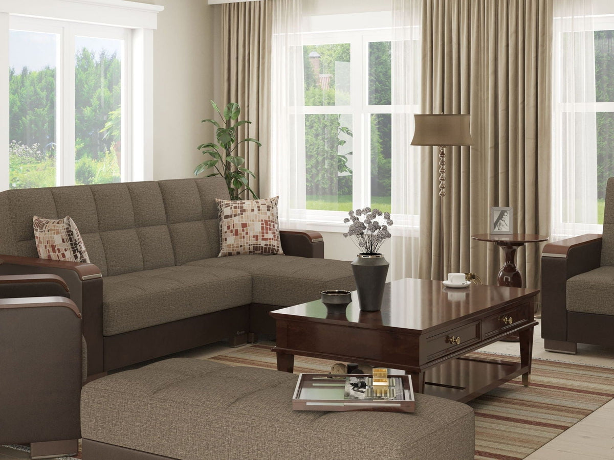 Ottomanson Armada X - Upholstered Convertible Wood Trimmed Chaise Lounge With Storage - Brown PU Polyester