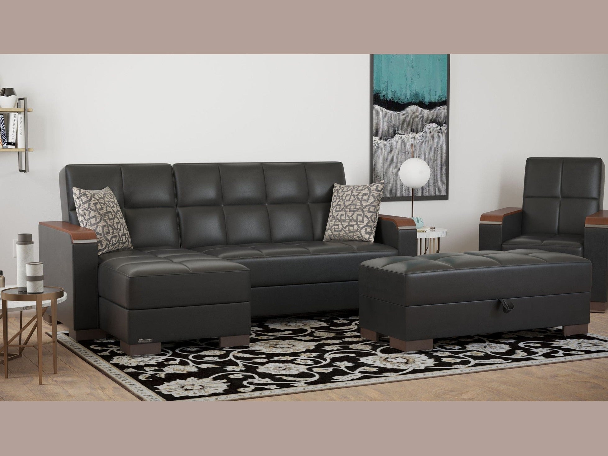 Ottomanson Armada X - Upholstered Convertible Wood Trimmed Ottoman With Storage