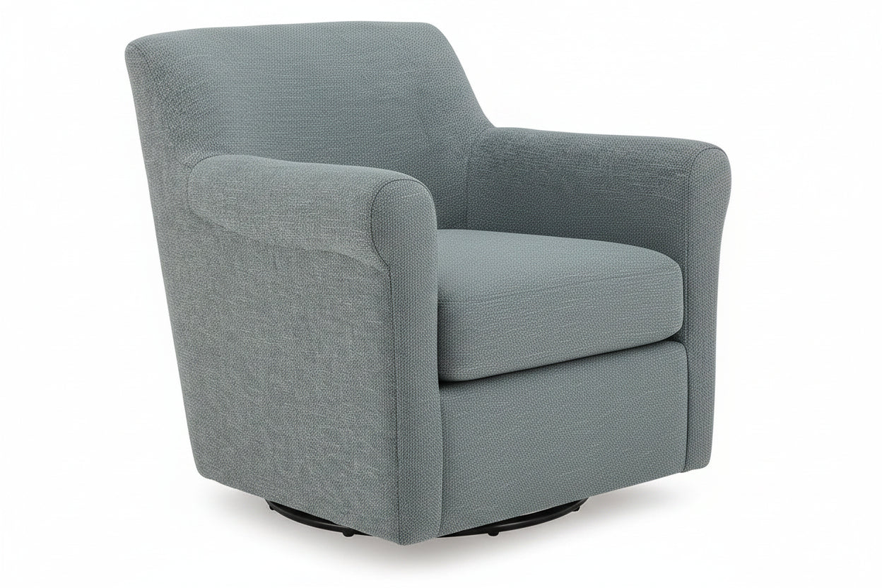 A gray upholstered swivel armchair with a rounded back and armrests, shown from a side angle on a white background.