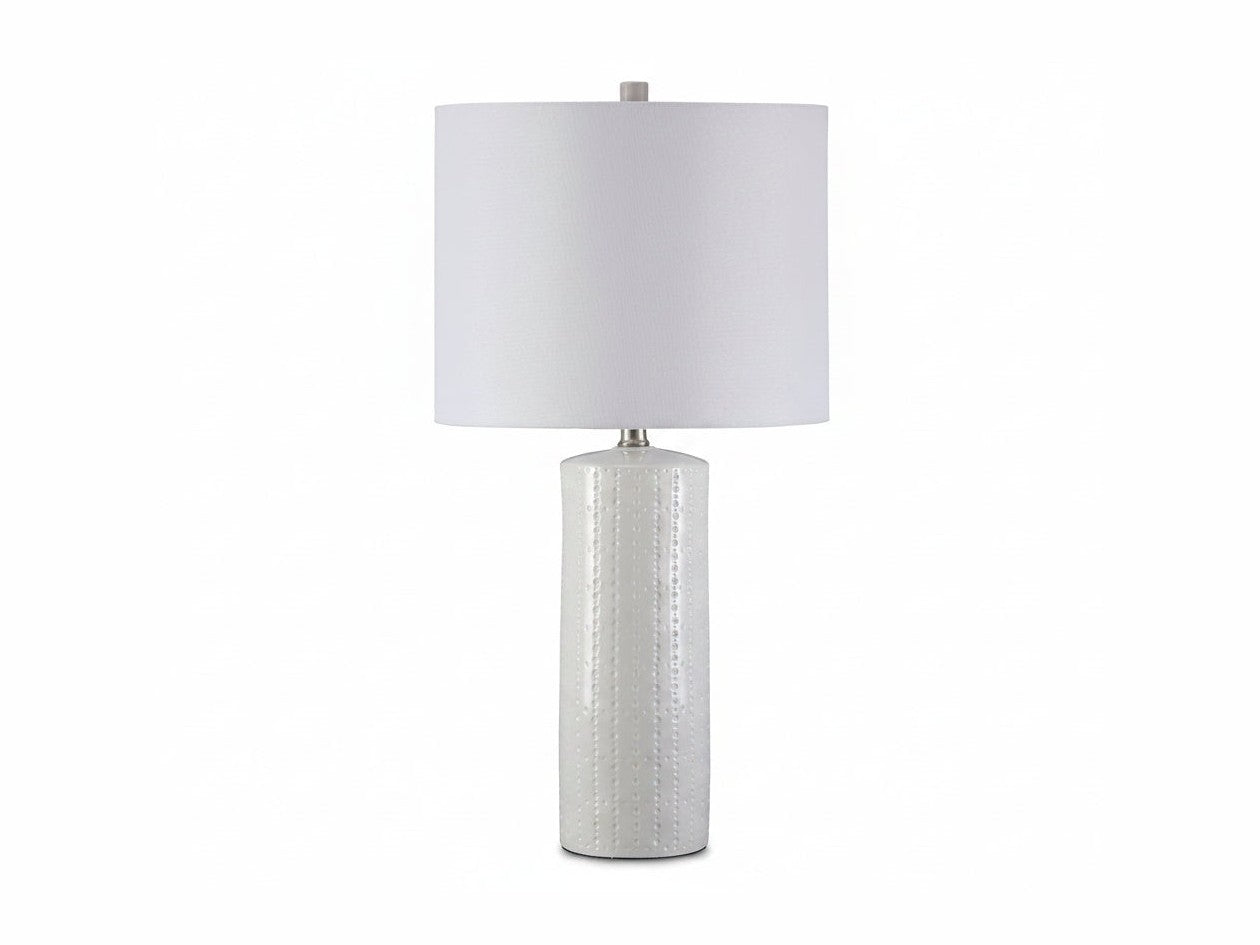 Steuben white textured table lamp with a white shade on a white background.