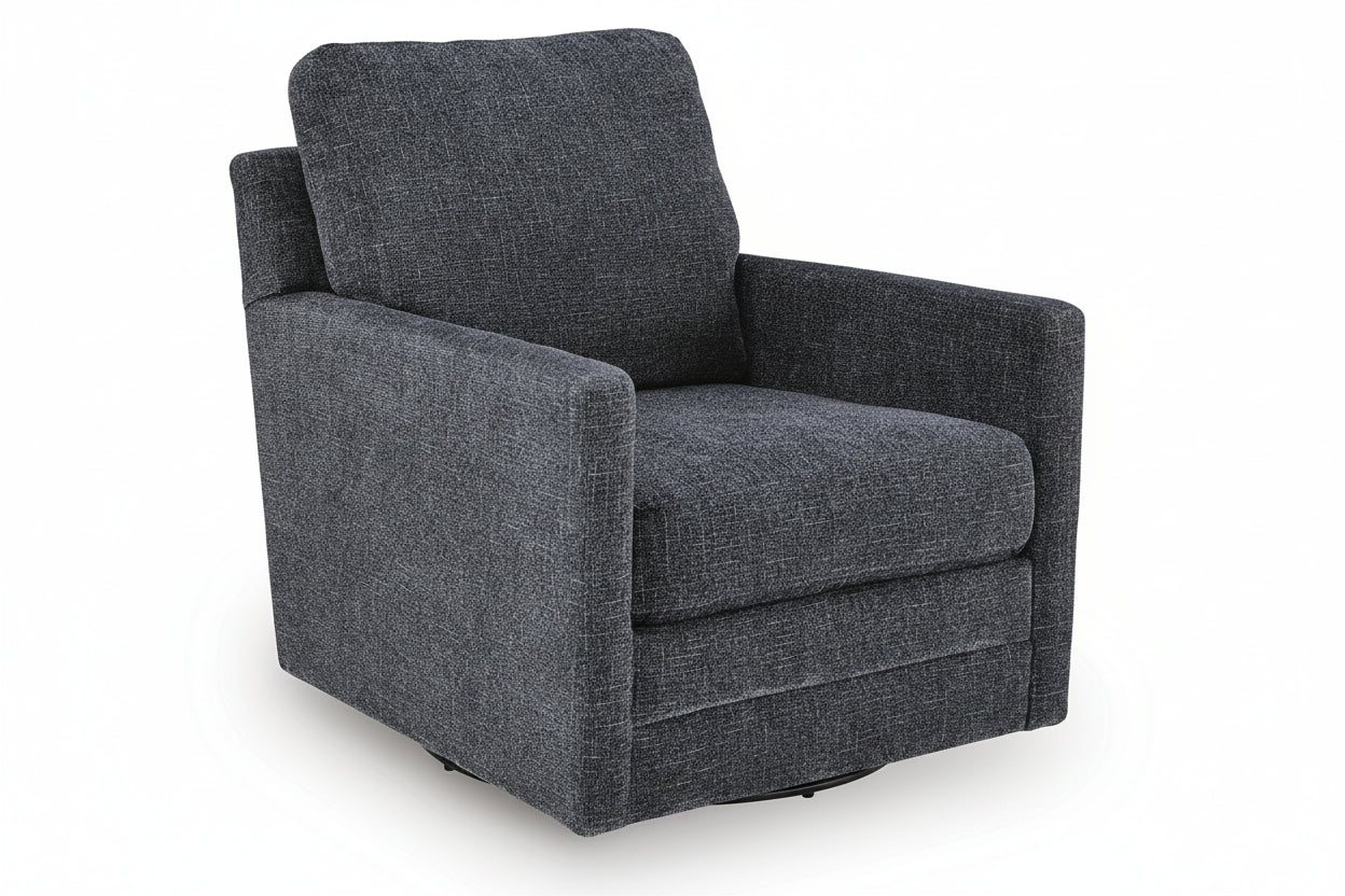 A dark gray textured fabric swivel armchair with a high backrest and wide armrests, shown on a plain white background.