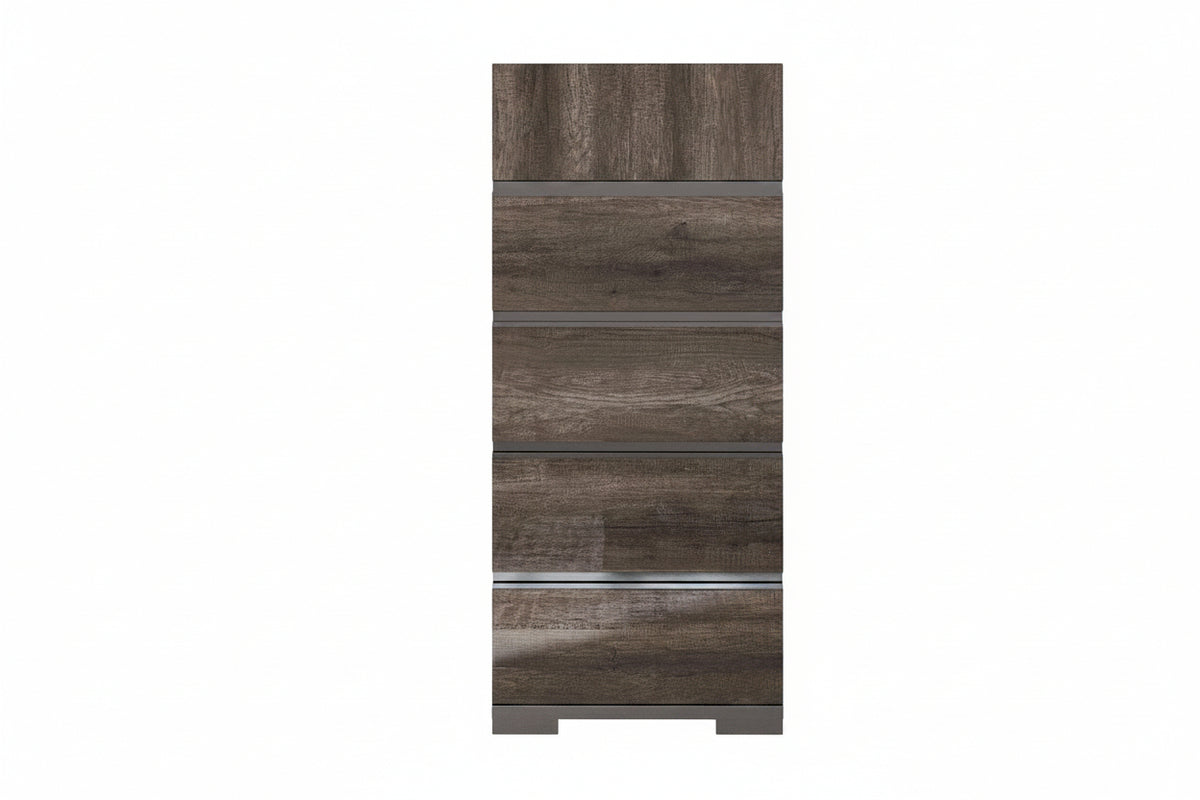 A modern four-drawer dresser with a dark brown wood grain finish and slim horizontal metallic accents between the drawers, shown against a plain white background.