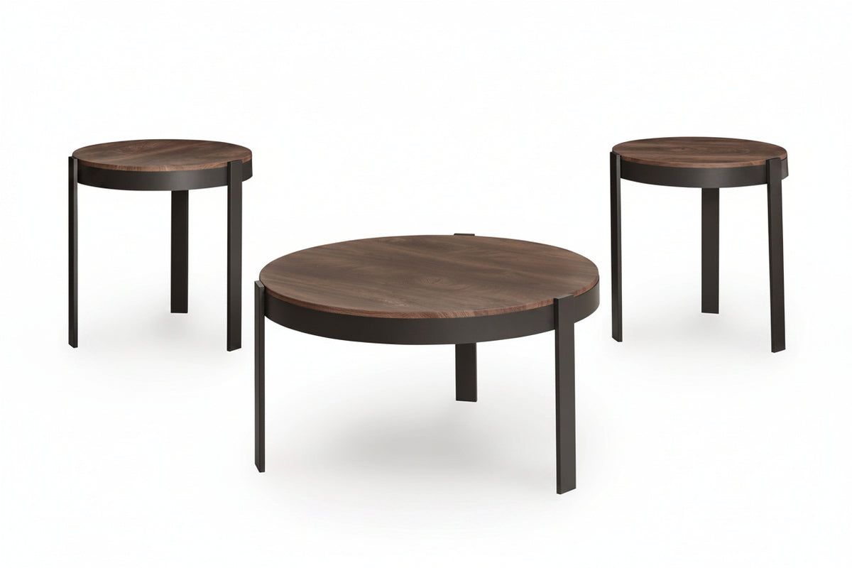 Set of three wooden tables with dark brown finish on a white background