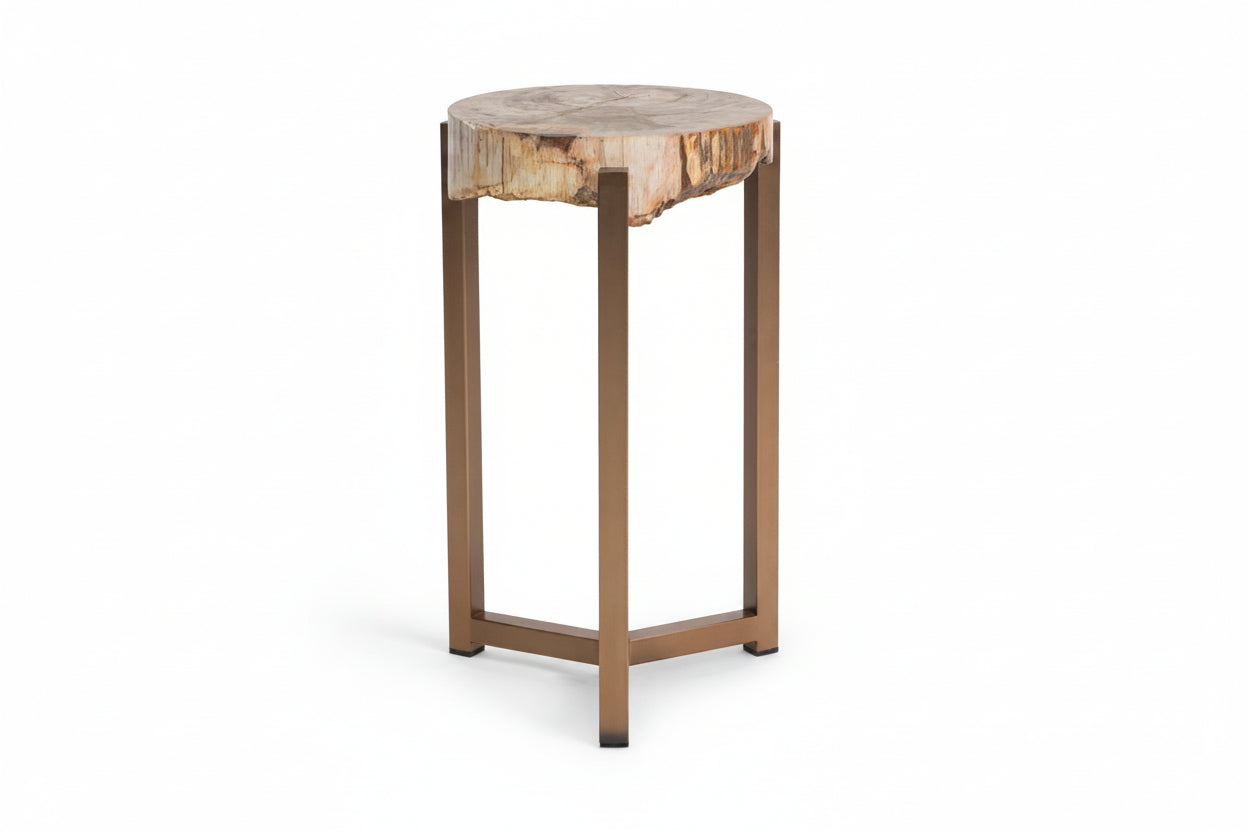 Wooden side table with natural edge design on a white background
