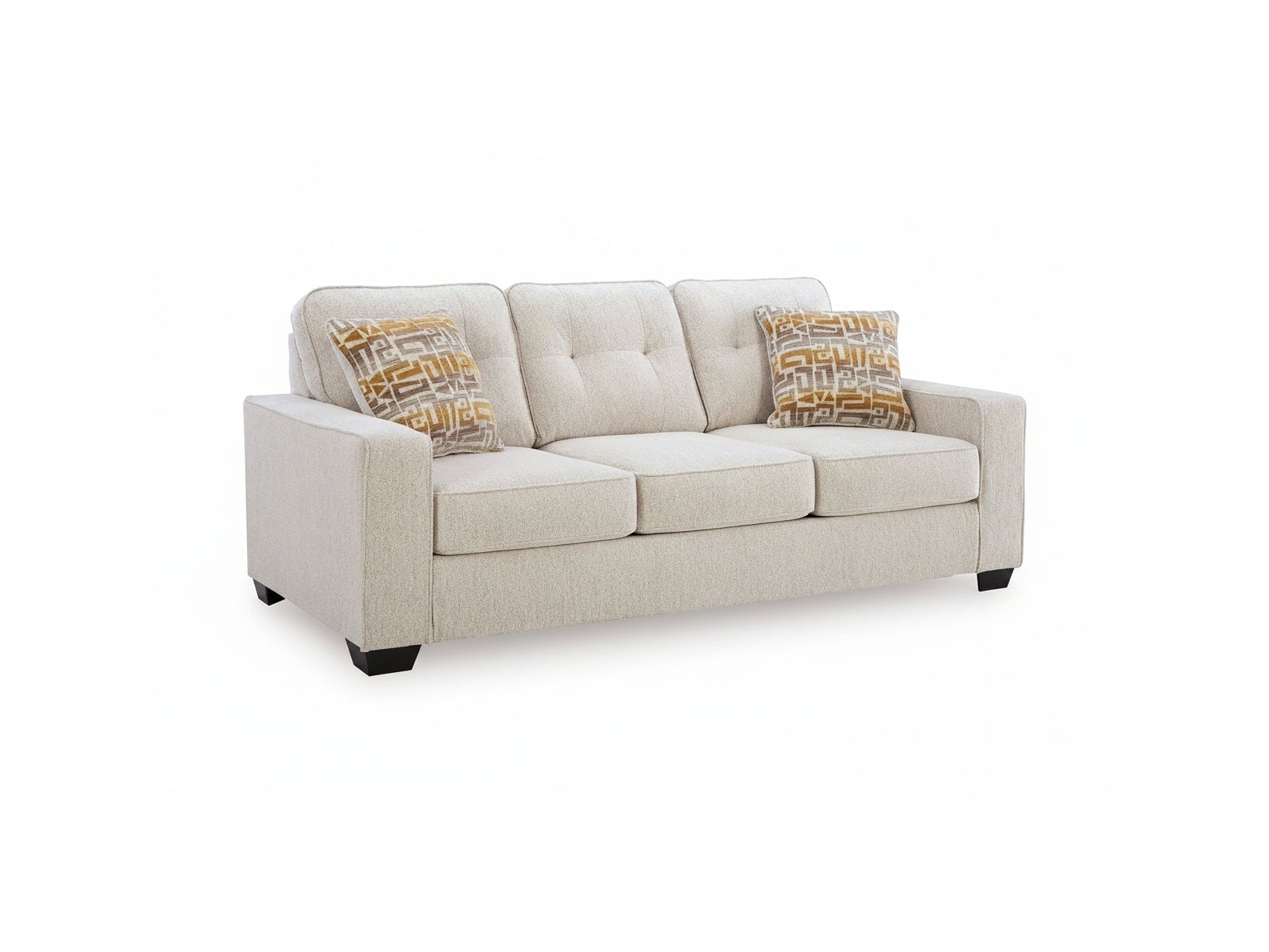 Beige sofa with patterned cushions on a white background