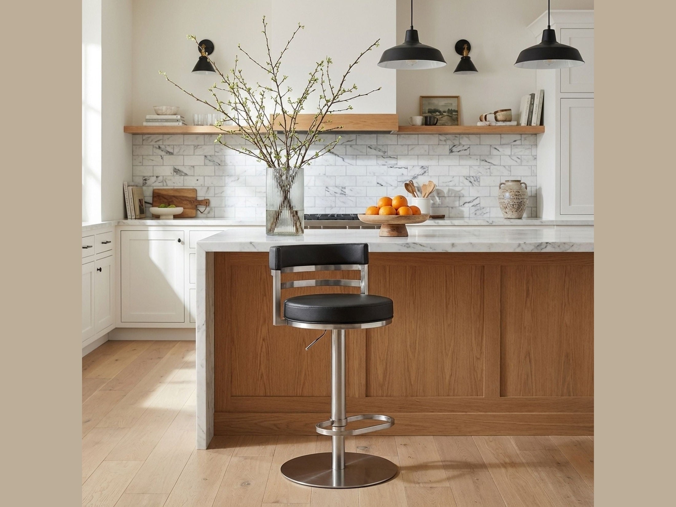 Judi - Modern Industrial Swivel Metal Adjustable Height Barstool With Faux Leather Seat - Silver Finish