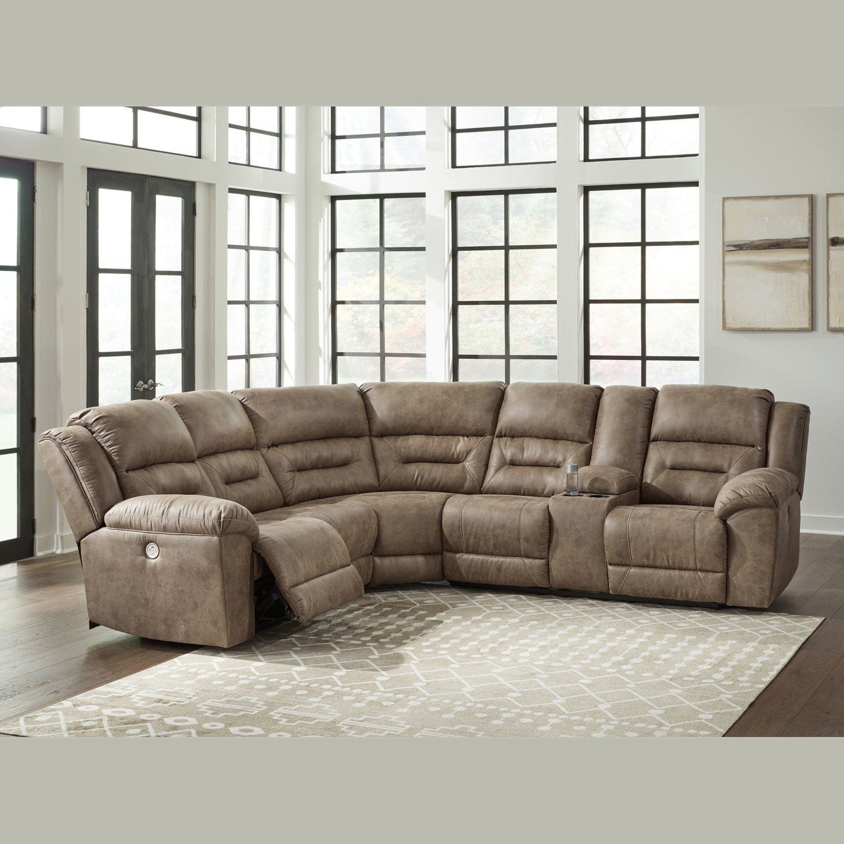 Ravenel - 3-Piece Power Reclining Sectional With Raf Power Reclining Loveseat With Console - Faux Leather - Fossil