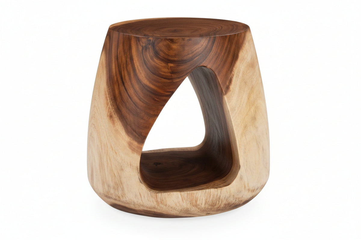 Wooden stool with a unique, curved design on a white background