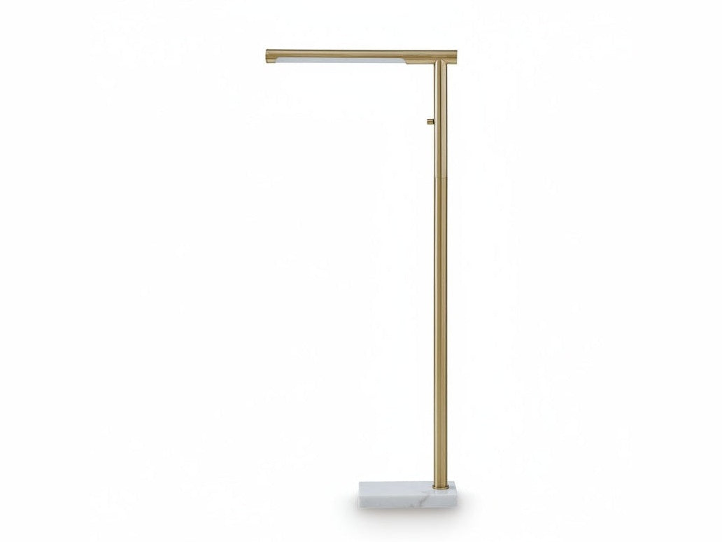 Santiford gold floor lamp with marble base on a white background.