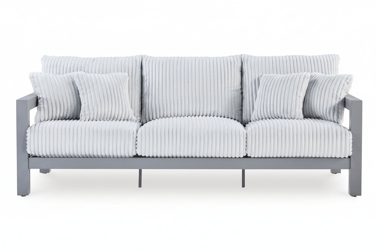 Gray metal frame sofa with white cushions on a white background