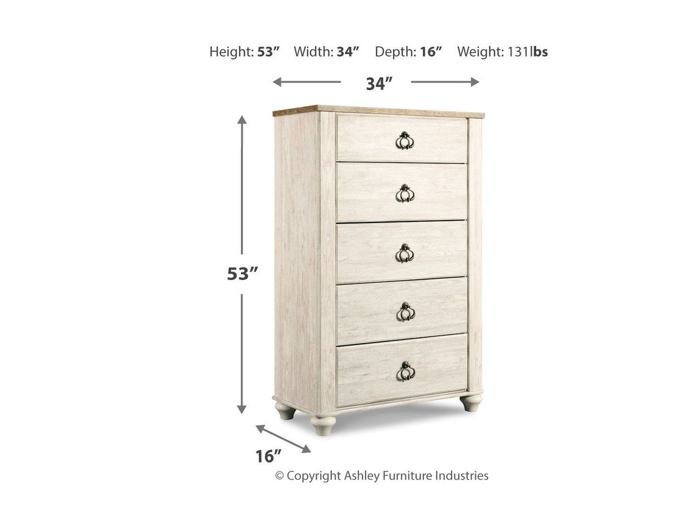 Willowton - Five Drawer Chest - Brown / Beige / White