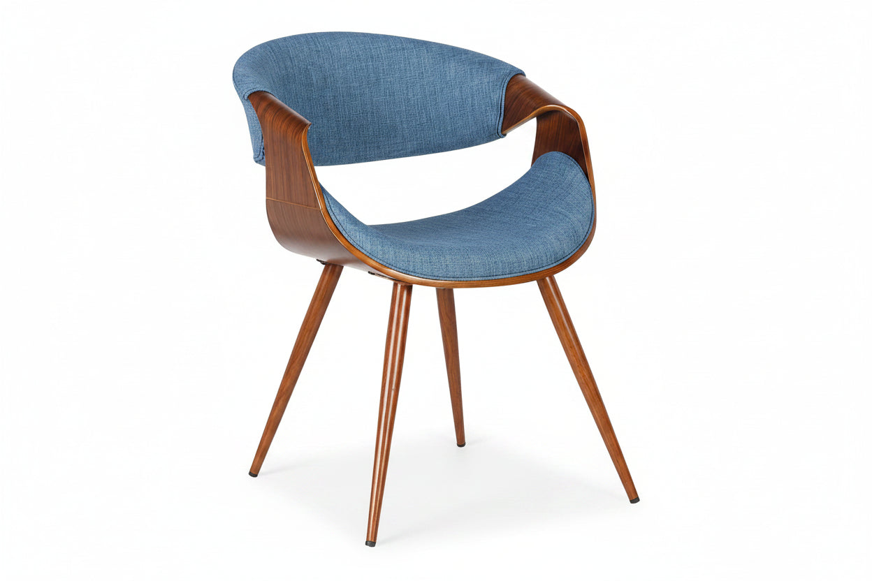 Chair with blue upholstered seat and backrest on a white background