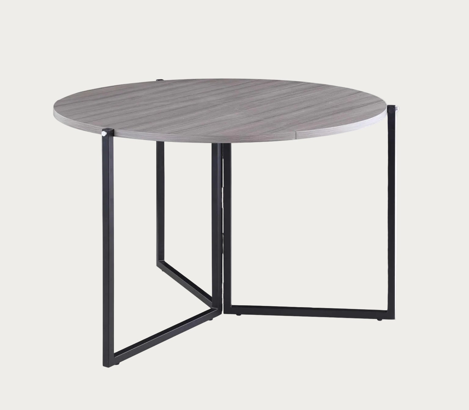 8389 round foldaway dining table with matte gray top and black metal frame on a white background
