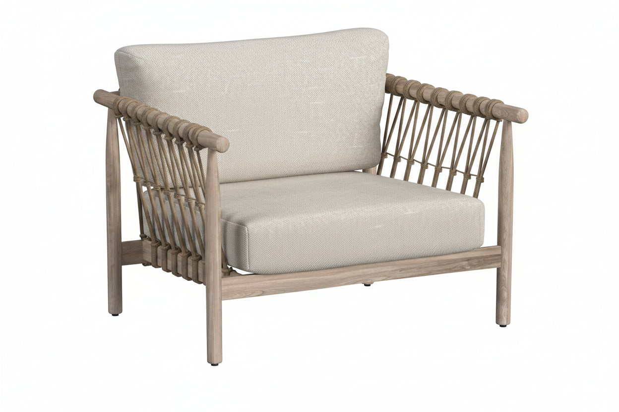Beige armchair with woven backrest on a white background