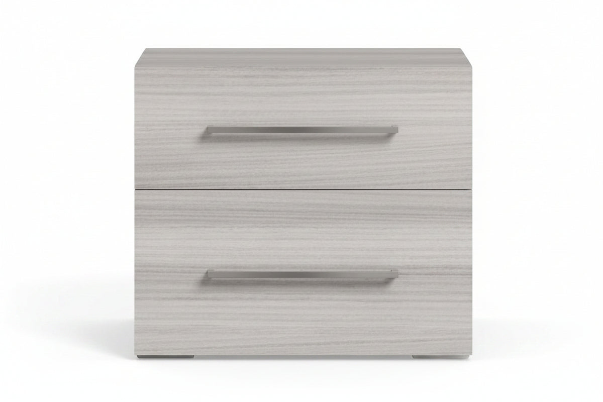 A two-drawer nightstand with a light gray wood grain finish and slim, horizontal dark metal handles, shown against a plain white background.