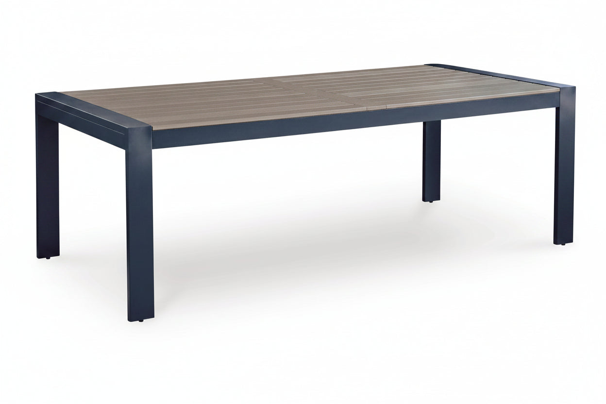 Rectangular table with a wooden top and dark metal frame on a white background