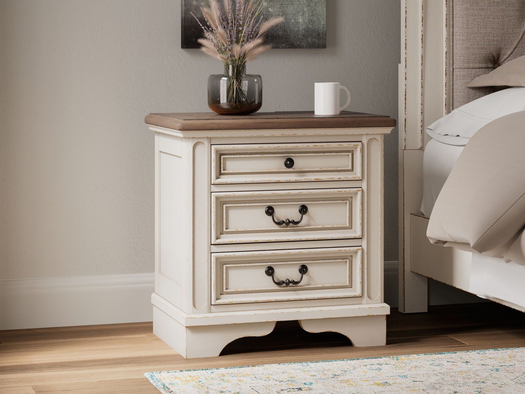 Realyn - Three Drawer Night Stand - White / Brown / Beige