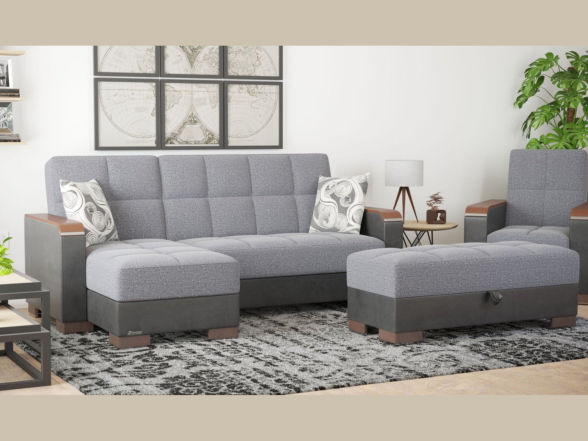 Ottomanson Armada X - Upholstered Convertible Wood Trimmed Ottoman With Storage - Gray/Black PU Polyester
