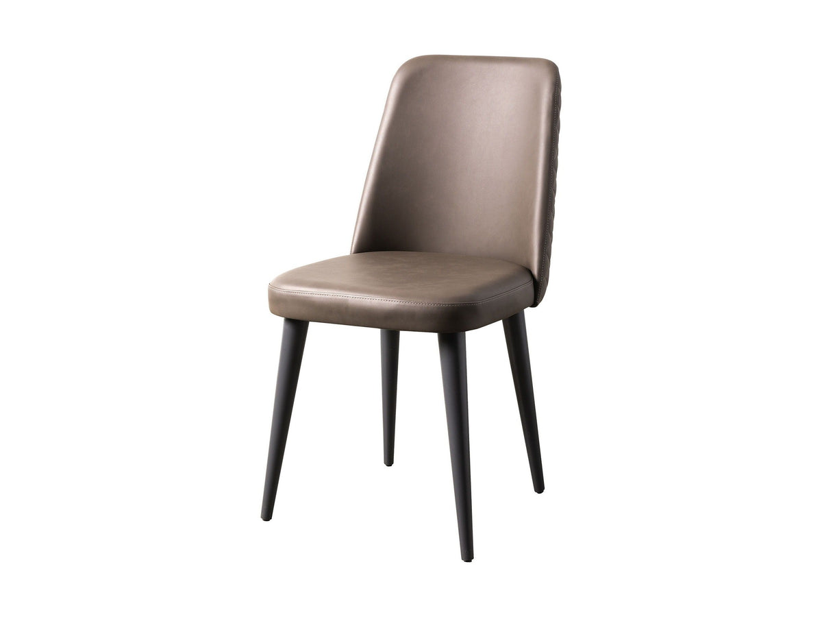 A modern dining chair with a taupe-brown upholstered seat and backrest, supported by four tapered black metal legs, shown against a plain white background.