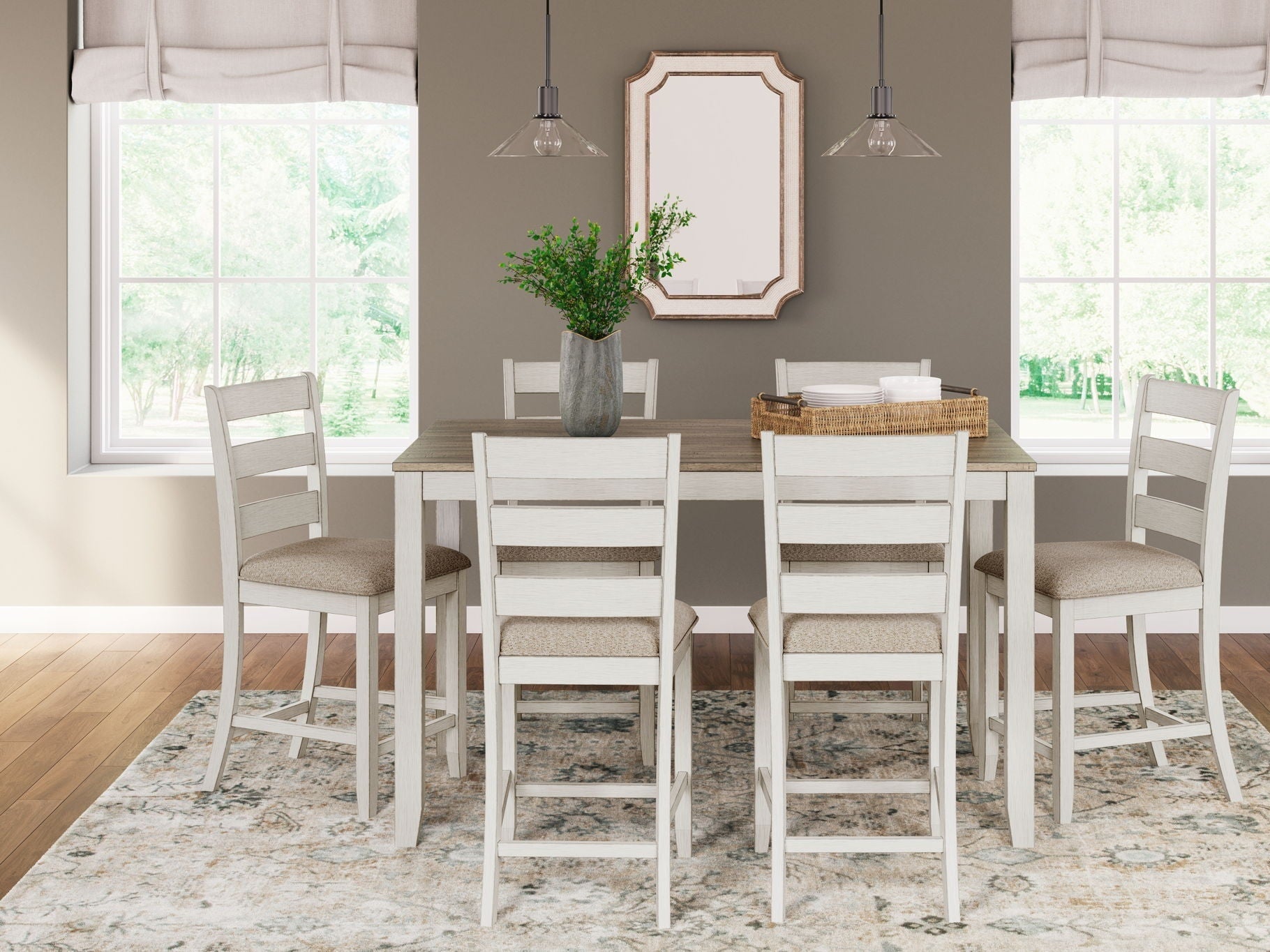 Skempton - Counter Height Dining Table and Bar Stools (Set of 7) - White / Light Brown