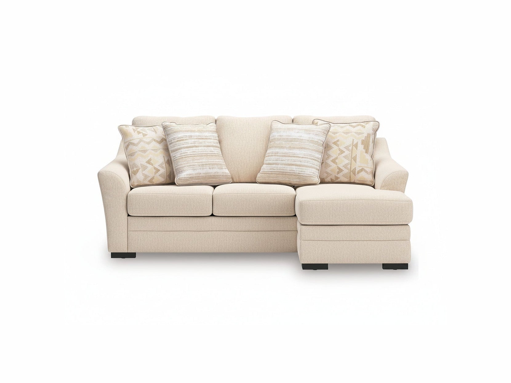 Lango beige sectional sofa with patterned cushions on a white background.