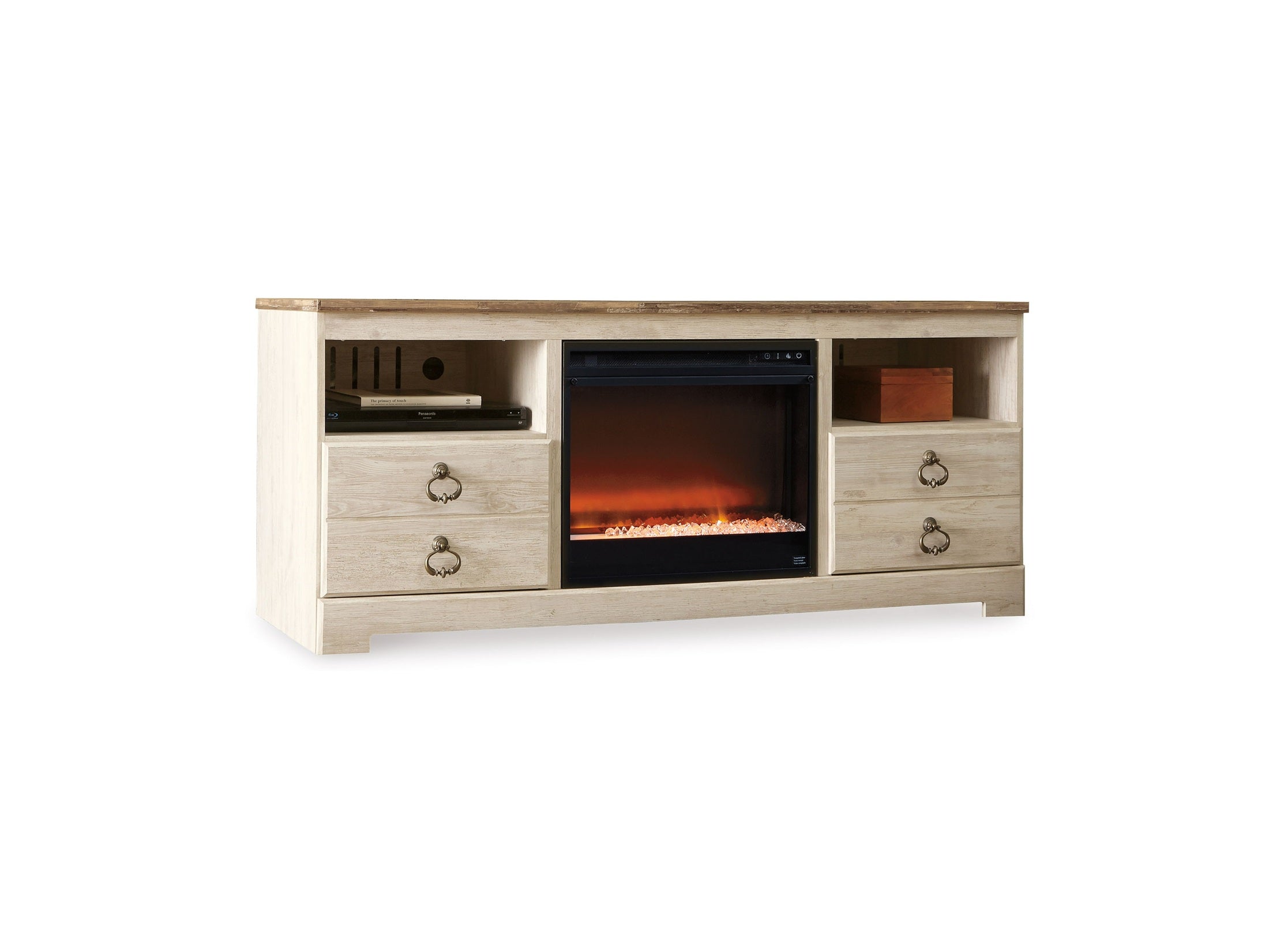 Willowton - 64" TV Stand With Glass/Stone Fireplace Insert - Whitewash